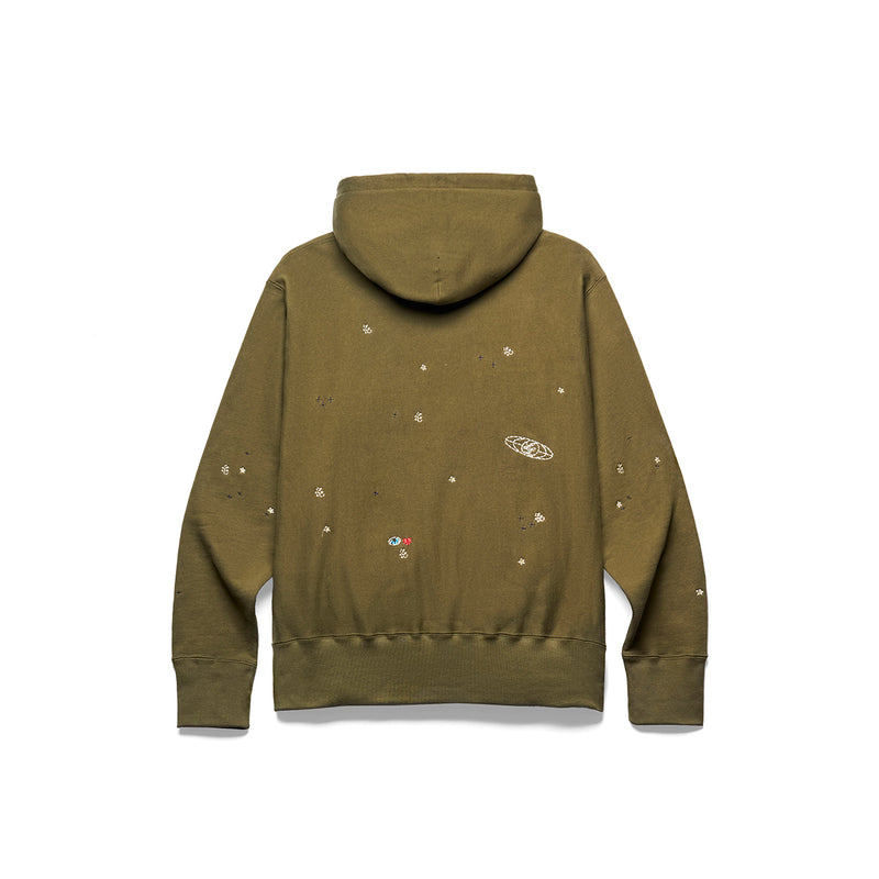 ALL OVER PRINT “HANDWORK” HOODED SWEATSHIRT [OLIVE]