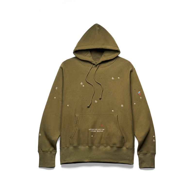 ALL OVER PRINT “HANDWORK” HOODED SWEATSHIRT [OLIVE]